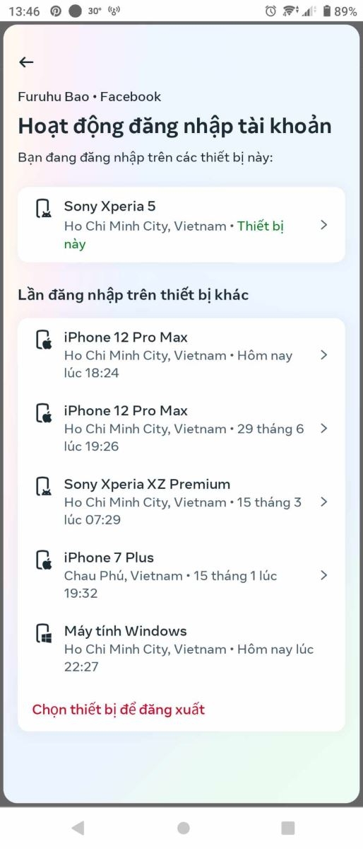 Các thiết bị đã đăng nhập Facebook