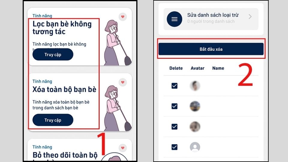 Bạn chọn vào mục Lọc bạn bè không tương tác, sau đó chọn bắt đầu xóa