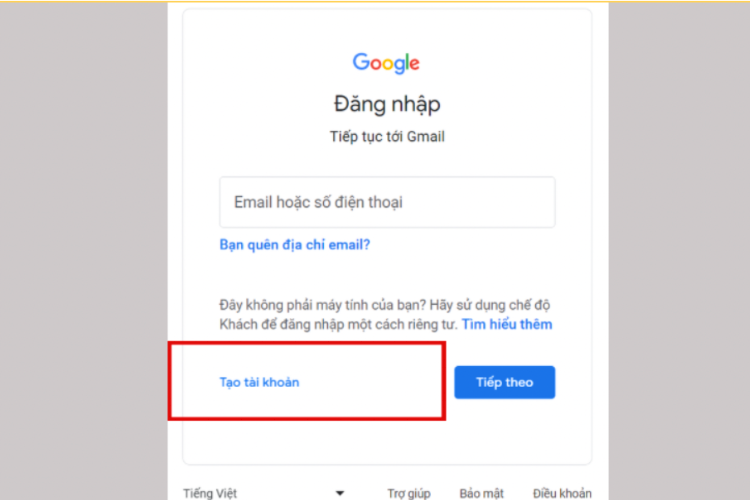 Bấm chọn tạo tài khoản