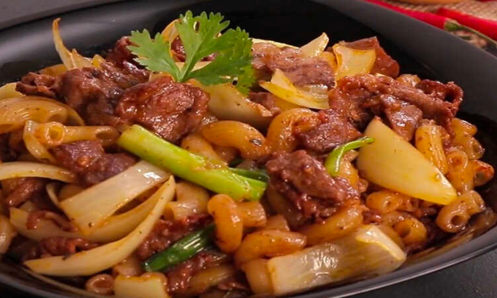 nui xào bò lúc lắc dai dai, ngon ngon