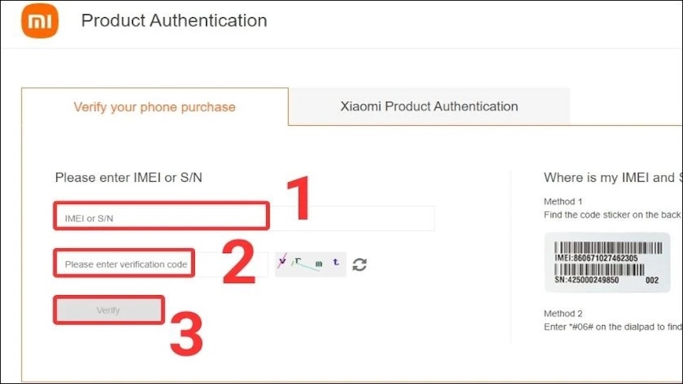 check IMEI trên website của Xiaomi