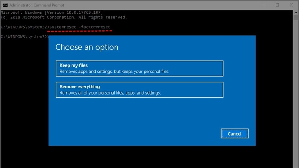nhập lệnh sau và nhấn Enter: `systemreset – factoryreset`