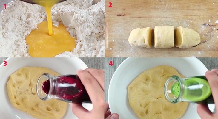 Đổ màu lần lượt vào các phần bột