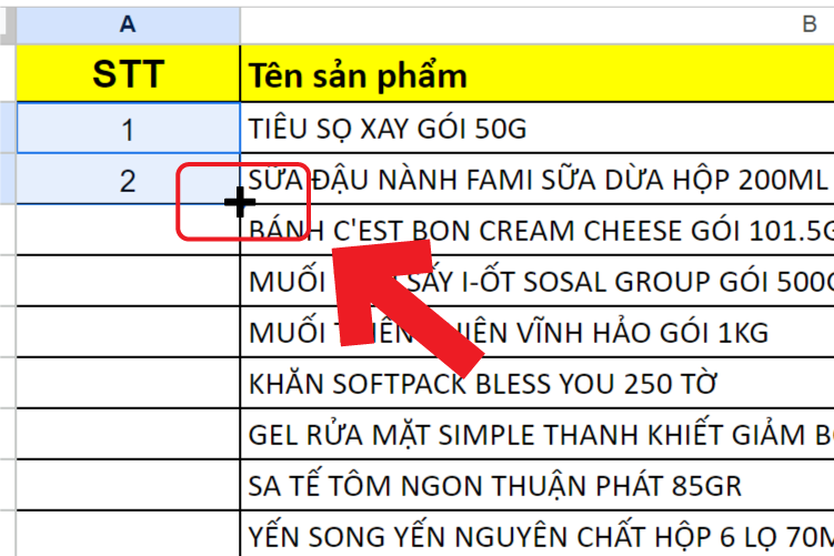 Di chuyển đến gốc trái của 2 ô vừa bôi, sau đó click giữ chuột trái kéo đến ô cần đánh số thứ tự bạn muốn