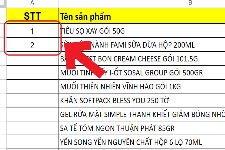 Nhập liên tiếp số 1 và 2 vào cột số thứ tự ở hai ô đầu tiên