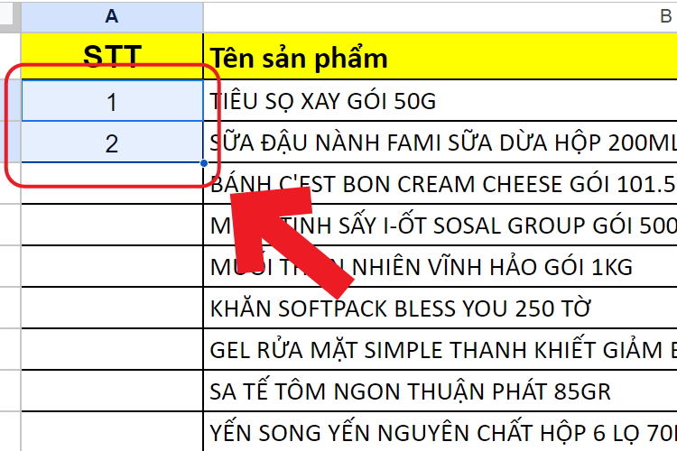 Sử dụng chuột bôi đen 2 ô vừa điền số thứ tự