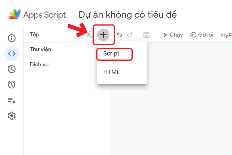 Tại giao diện của Apps Script chọn Thêm Script