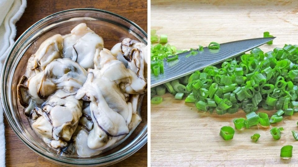 Sơ chế nguyên liệu bằng cách ngâm hàu và cắt bỏ hành lá