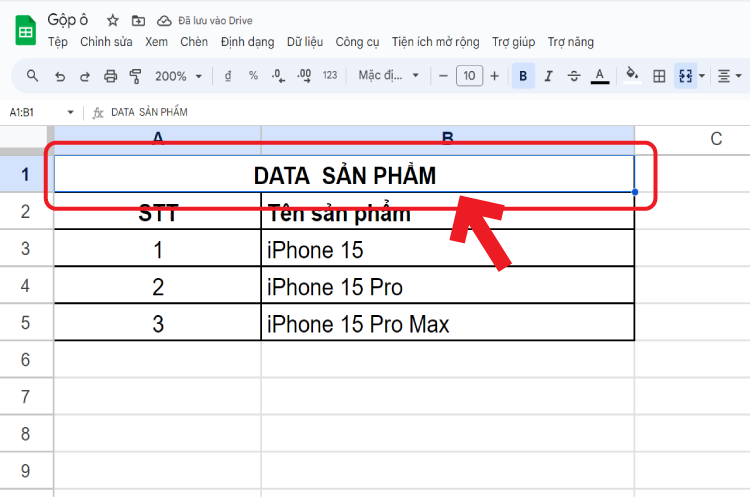 Kết quả cân chỉnh lại dòng text sau khi gộp ô