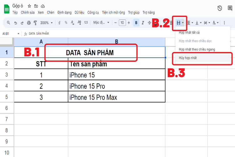 Thao tác để hủy gộp ô trong google sheets