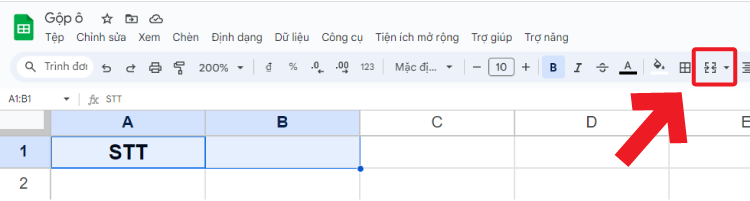  Tiến hành chọn vào biểu tượng hợp nhất ô trên thanh công cụ