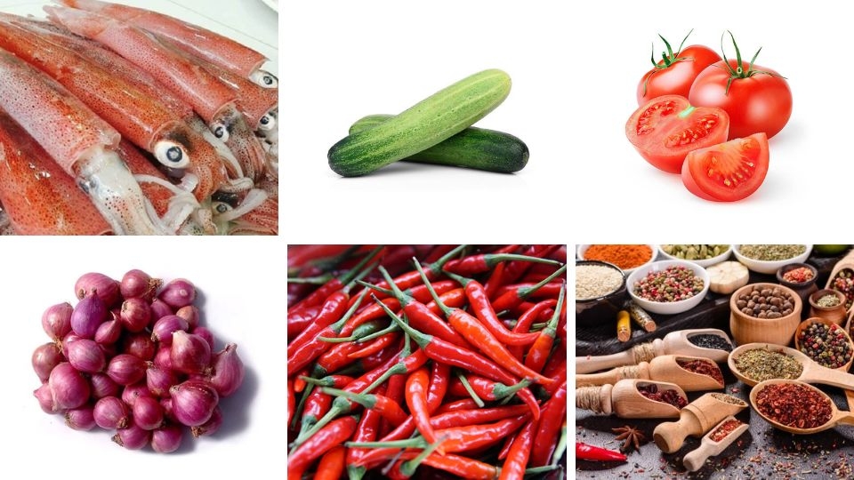 nguyên liệu làm mực xào dưa leo cà chua