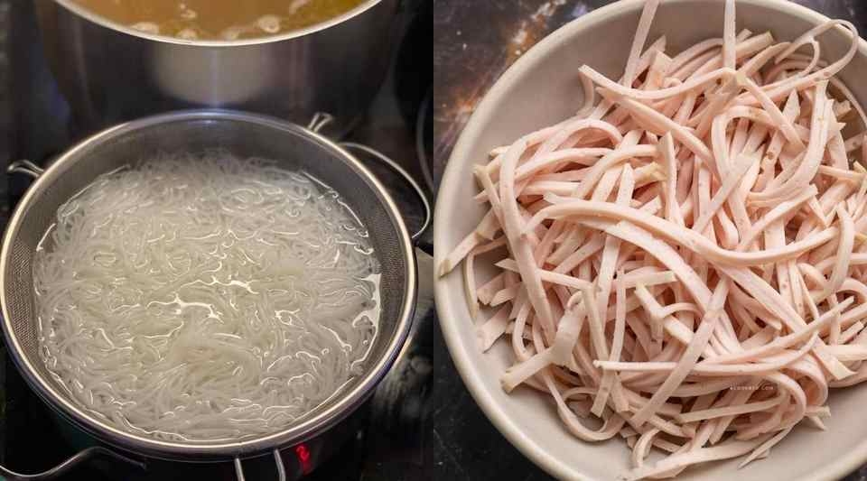 Trụng bún và thái đồ ăn món bún thang