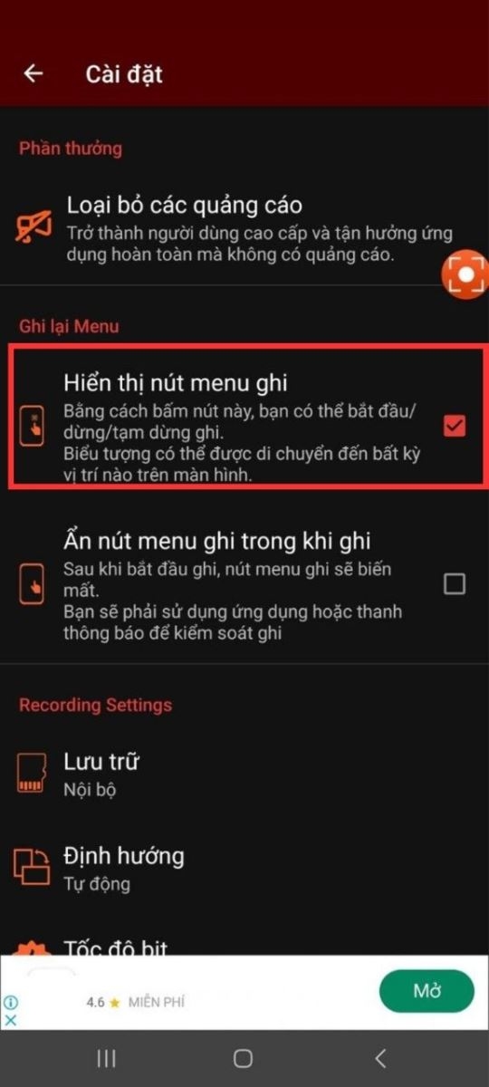 Click chọn Hiển thị nút Menu ghi