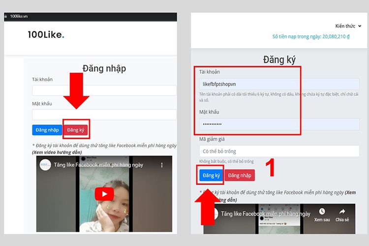Đăng ký tài khoản trên nền tảng tăng like