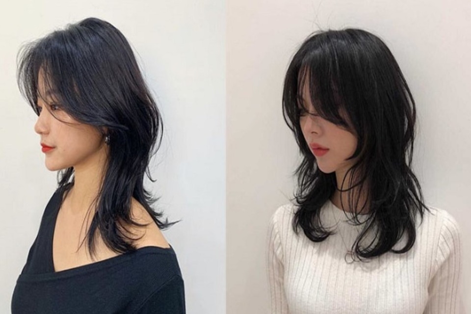 Tóc mullet layer nữ mặt tròn mái bay