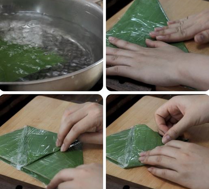 Làm sạch lá chuối và tạo hình chiếc phễu