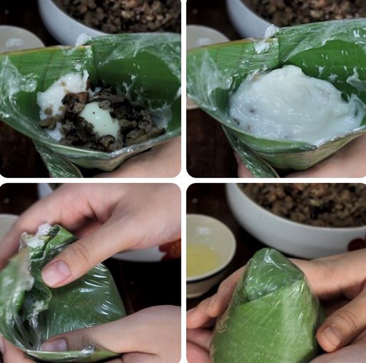 Tiến hành cho nhân và bột vào lá chuối, gói kín