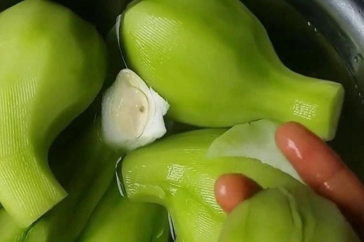 Preparing chayote before stir-frying