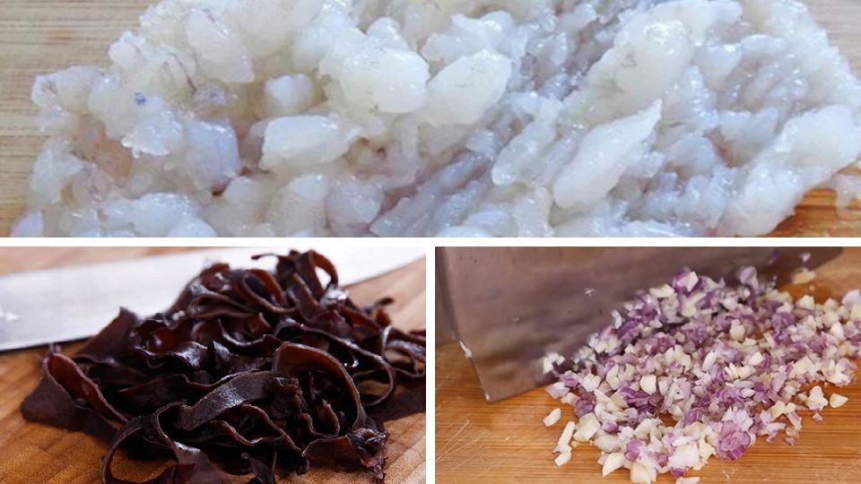 sơ chế nguyên liệu làm hoành thánh chiên nhân tôm