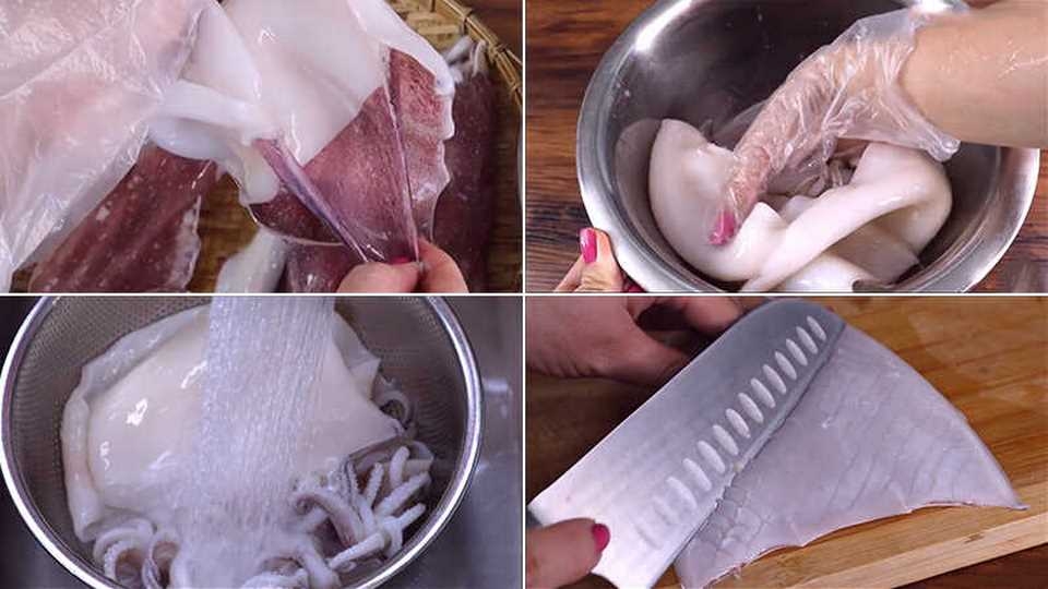 Làm sạch mực trước khi nấu
