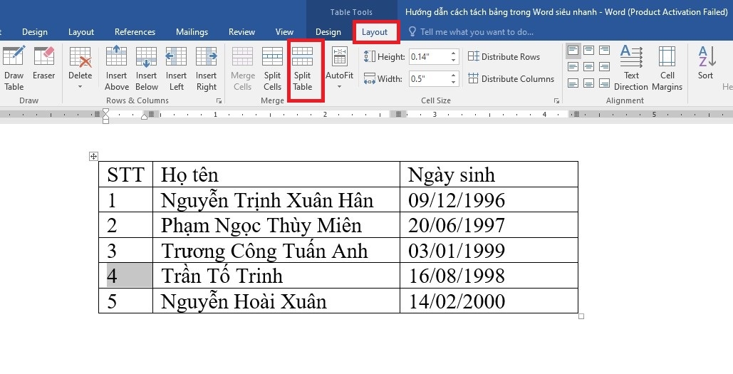 Tách bảng trong word