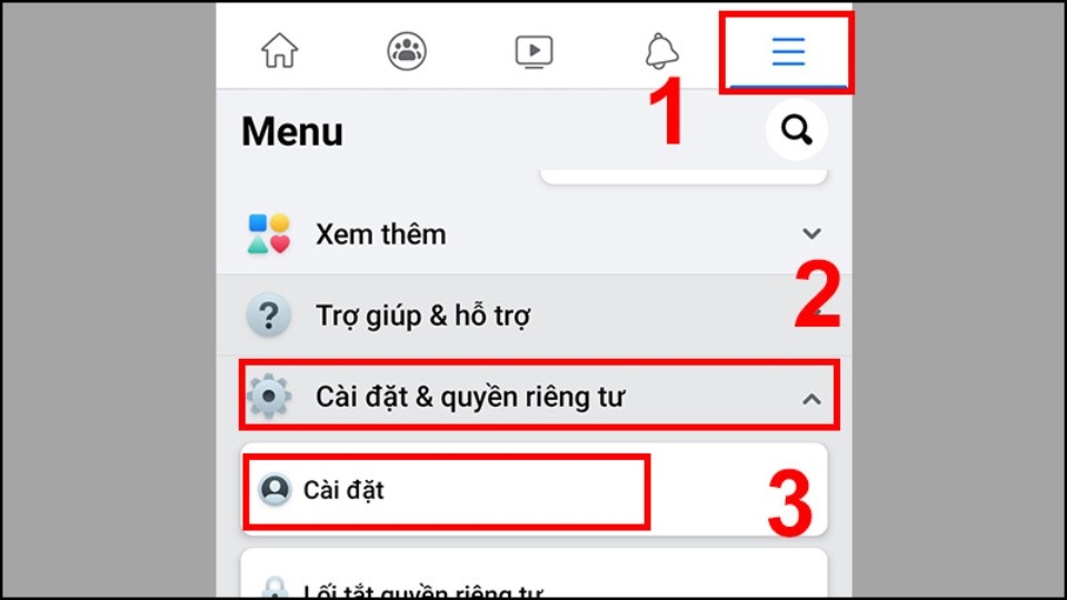 Bấm vào mục 'Cài đặt & quyền riêng tư' và chọn phần 'Cài đặt'