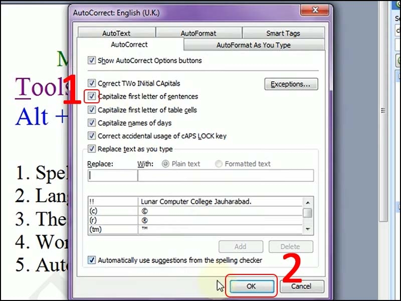 Chọn Capitalize first letter of sentences