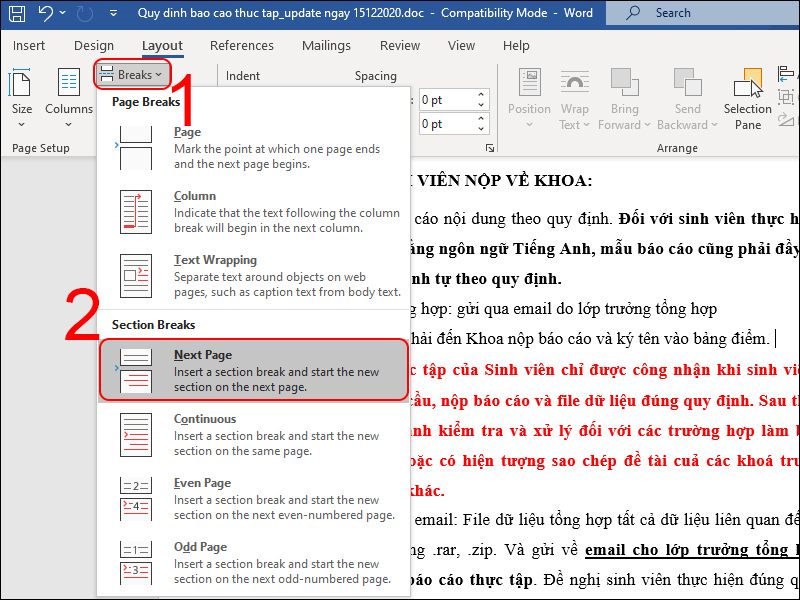 Chọn tab "Layout" > chọn "Breaks"
