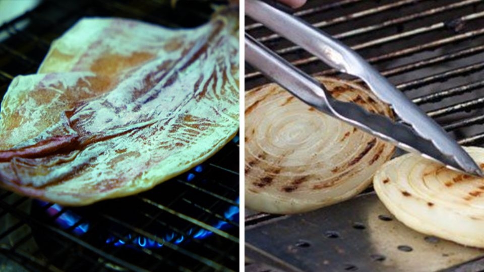 nướng khô mực và hành tây