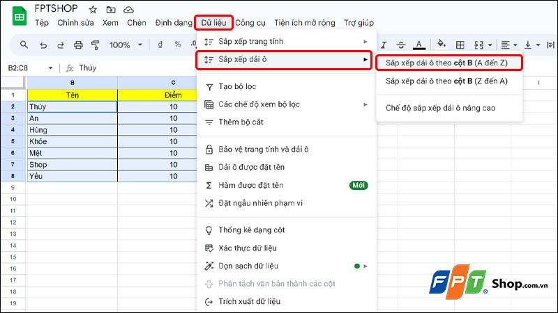Sắp xếp tên theo ABC trong Google Sheets - hình 8
