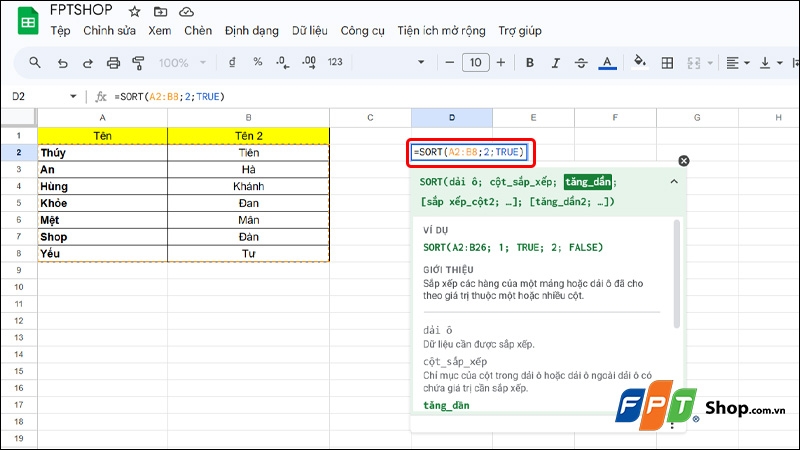 Sắp xếp tên theo ABC trong Google Sheets - hình 5