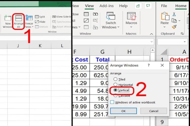 Trên tab “View”, chọn “Arrange All” sau đó nhấn chọn vào “Vertical”