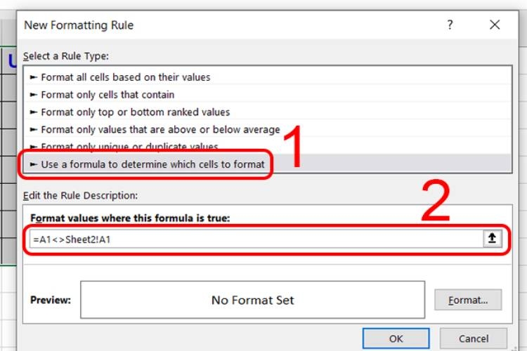 Chọn “Use a formula to determine which cells to format”