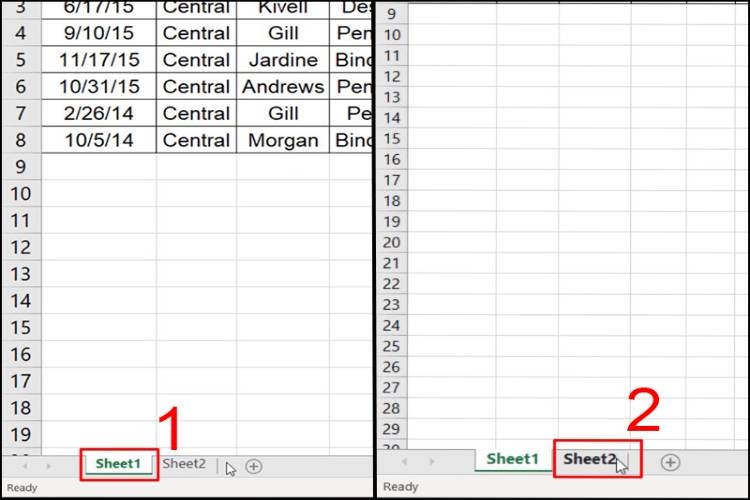 Chọn sheet 1 ở cửa sổ đầu tiên và sheet 2 ở cửa sổ thứ 2