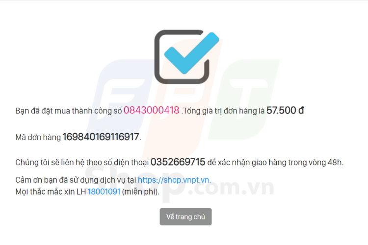 Sau khi đặt hàng thành công, cửa sổ trình duyệt website hiện lên như thế này