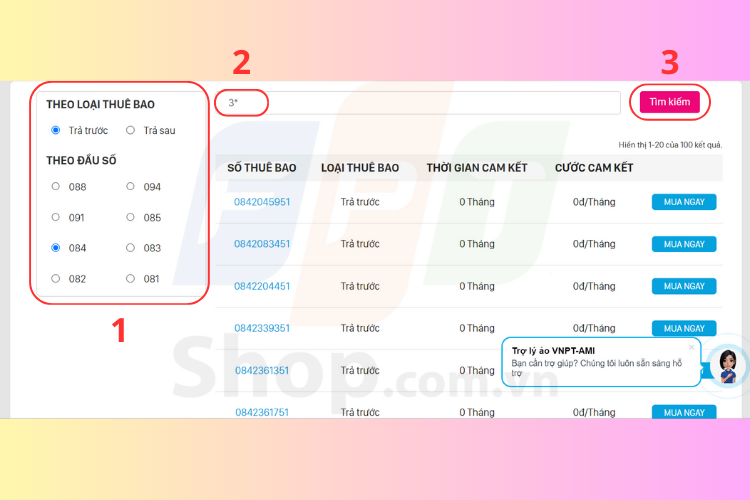 Chọn đầu số 0843 để lọc ra các sim cần tìm