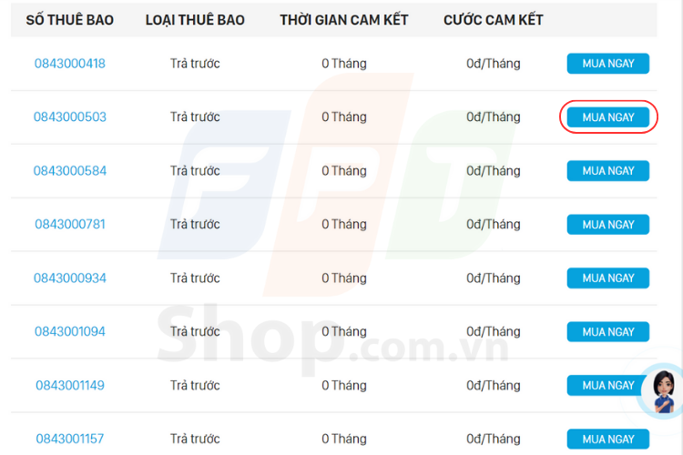 Chọn số bạn yêu thích và ấn Mua ngay