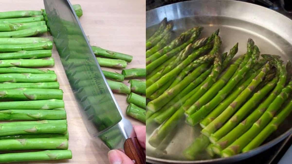 Măng tây mua về ngâm nước muối loãng trong 10 phút rồi rửa sạch với nước, để ráo