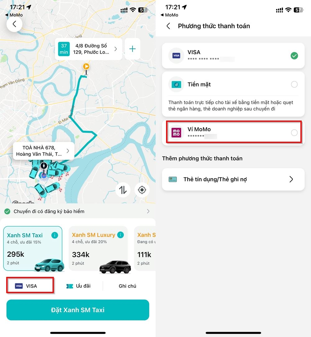 Cách sử dụng MoMo làm phương thức thanh toán trên Taxi Xanh SM 3