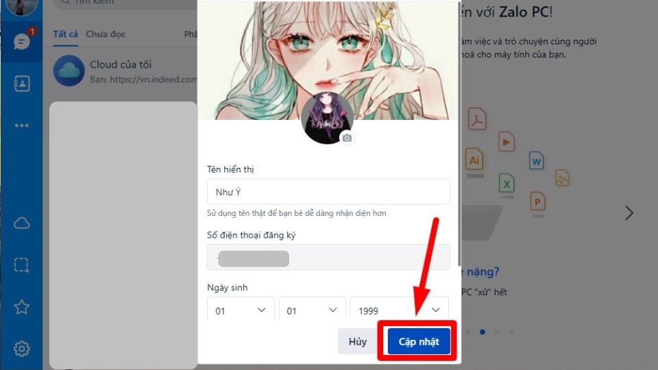 Nhấn chọn 'Cập nhật' để thay đổi ảnh đại diện