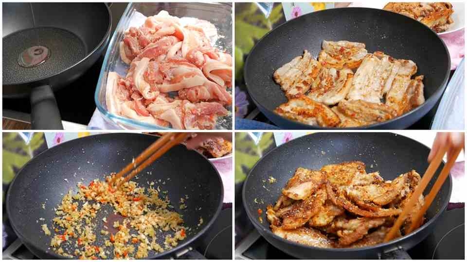 Chiên thịt trong chảo nóng