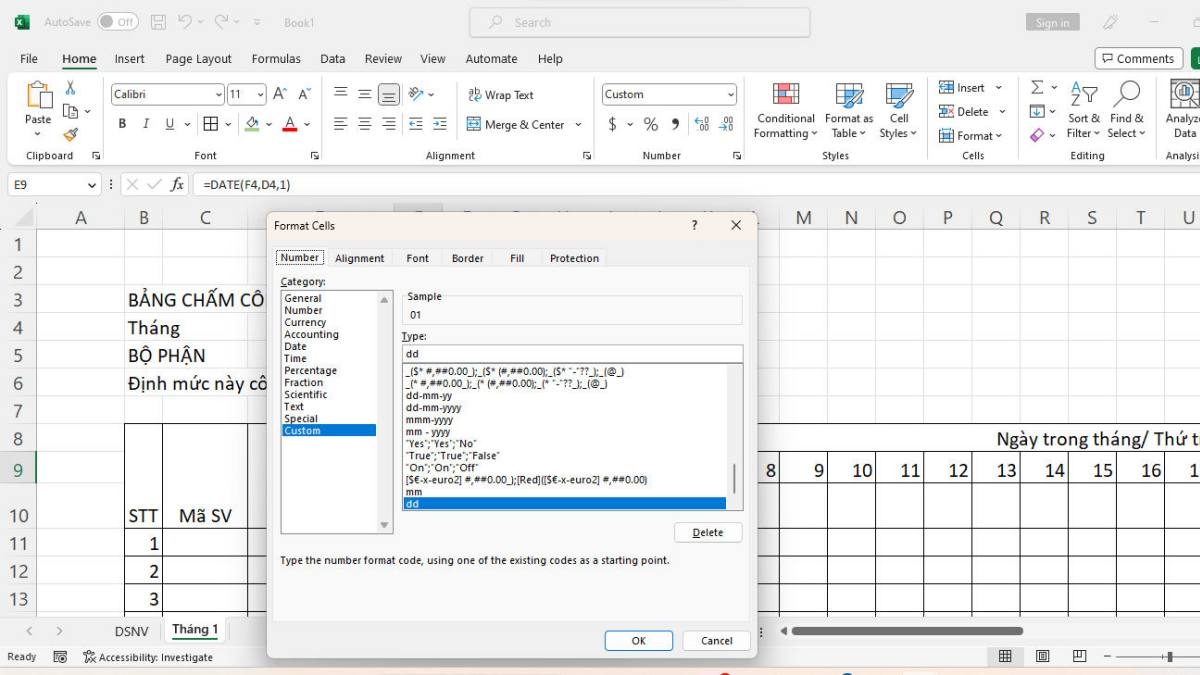 Bước 2: Cách tạo ngày tháng trong bảng chấm công để tạo bảng chấm công trong Excel