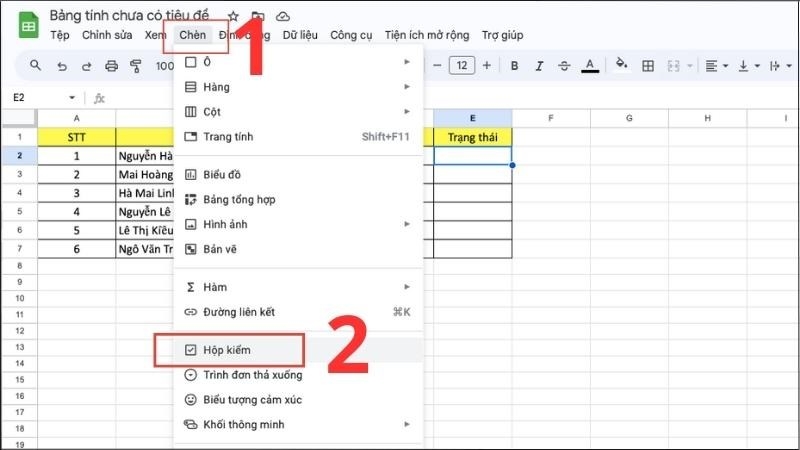 Chọn Chèn > Chọn Hộp kiểm Chọn Chèn > Chọn Hộp kiểm