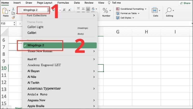 Chọn font chữ Wingdings 2 tại thanh công cụ Chọn font chữ Wingdings 2 tại thanh công cụ