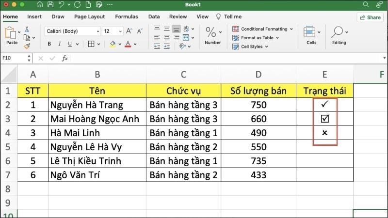 Sử dụng các tổ hợp phím như hướng dẫn để đánh dấu tích Sử dụng các tổ hợp phím để đánh dấu tích