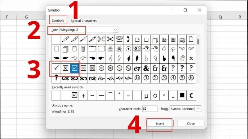 Chọn font chữ Wingdings 2 > Chọn biểu tượng dấu tích phù hợp > Chọn Insert Chọn font chữ Wingdings 2