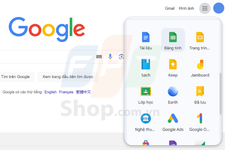 Cách tạo Google Sheet từ trang chủ Google