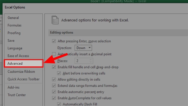 Chọn mục Advanced