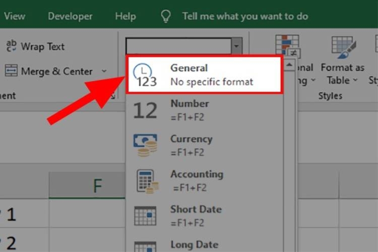 Ở danh sách xổ xuống > Chọn định dạng General